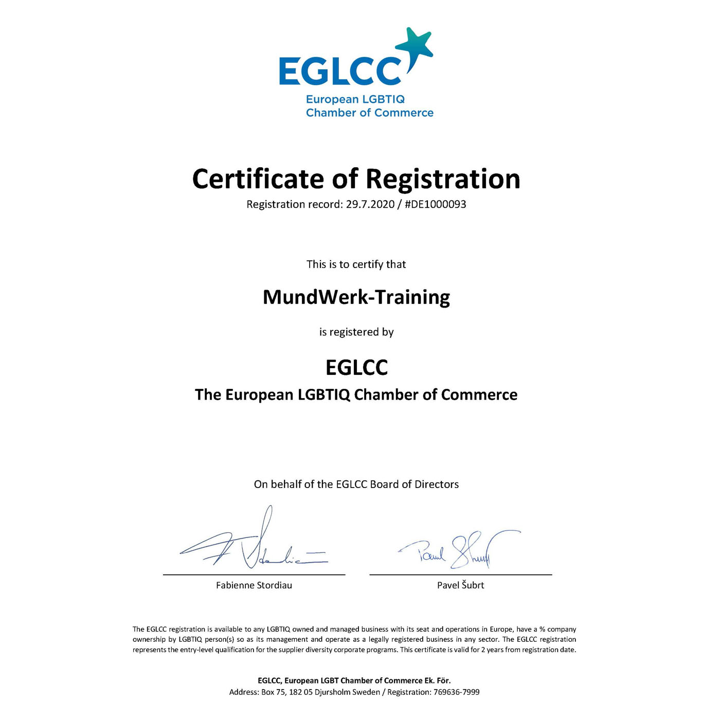EGLCC Registration Certificate DE1000093 MundWerk-Training